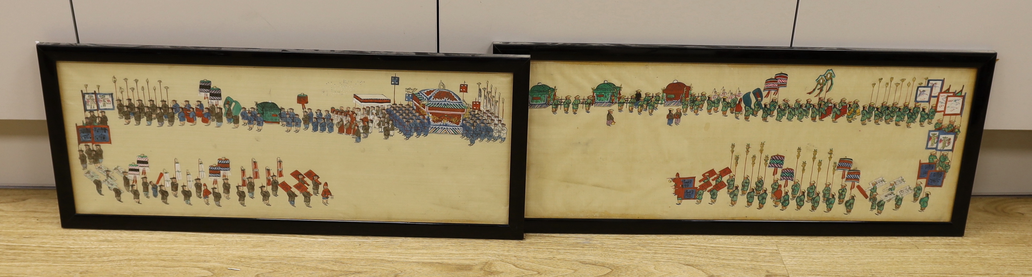 Two Chinese watercolours on silk, Procession of figures, largest 67 x 24cm
